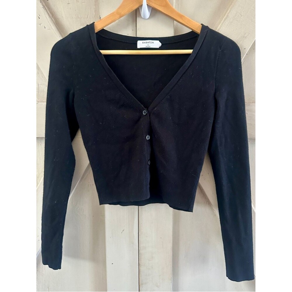 Babaton Black Cropped Cardigan V-Neck Button Front Long Sleeve Size Small